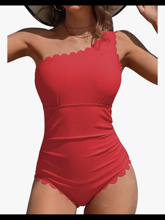 Charmo Other - One-Shoulder Red Scallop Edge One-Piece Swimsuit #1300